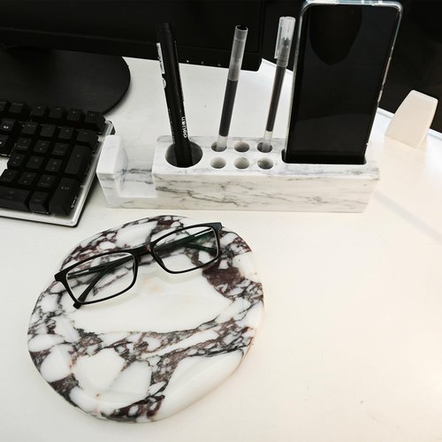 SIRIZEN-DIVING Natural Marble Pen Holder for Desk Docking Station Desk Accessories & Desk Organizer Phone Solid Stone Rulers Pencil Holder for Office (phone&pen white holder)