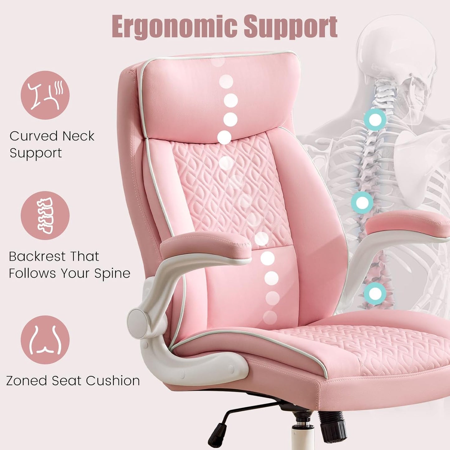 Skiennix Leather Office Chair - Comfortable Executive Desk Chair with Lumbar Support | Pink, 400lbs Capacity