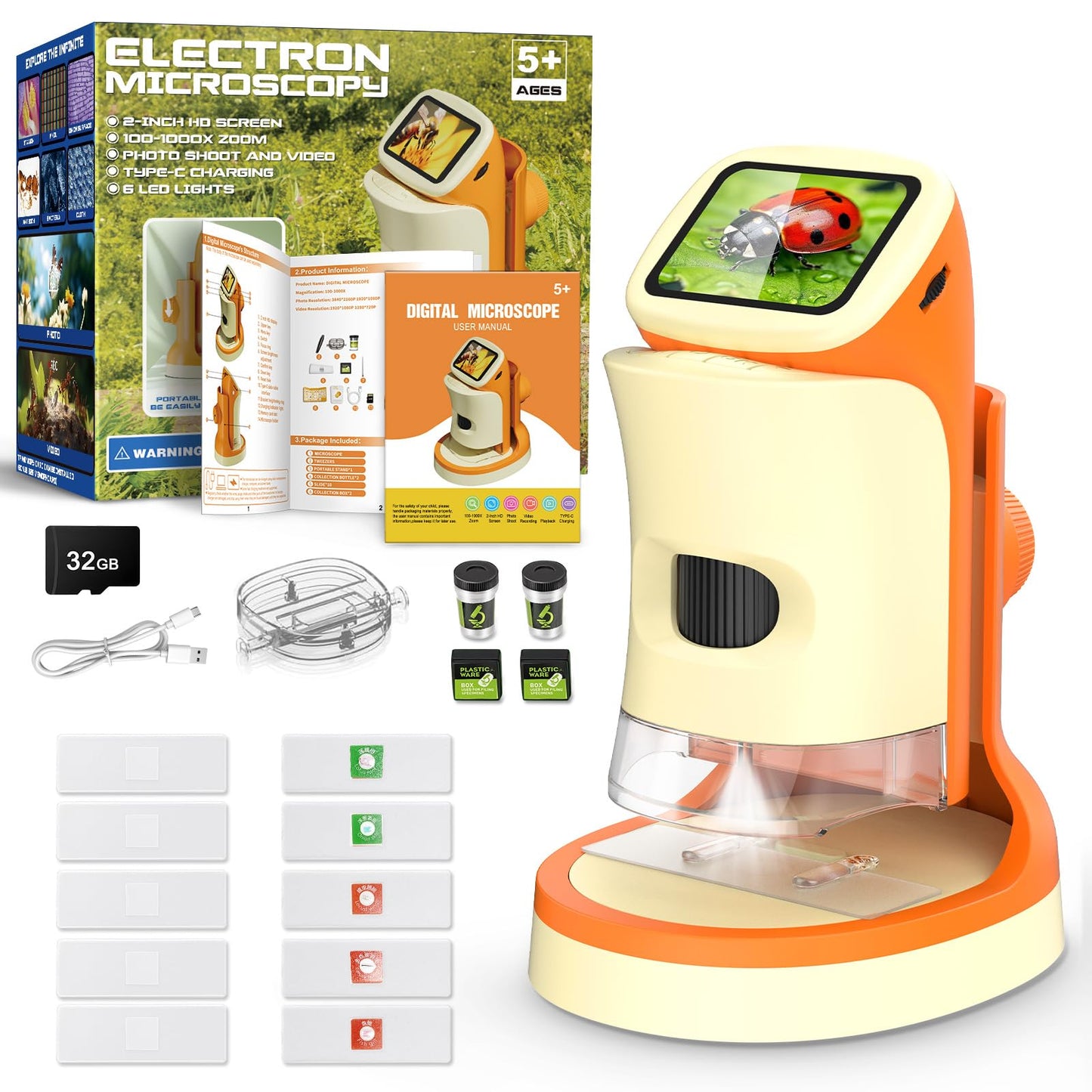 Kids Digital Microscope 1000X with 2.0" Screen | Handheld Rechargeable Microscope Kit with Slides, Portable STEM Science Toy for Kids Ages 5-12, Educational Gift for Boys & Girls