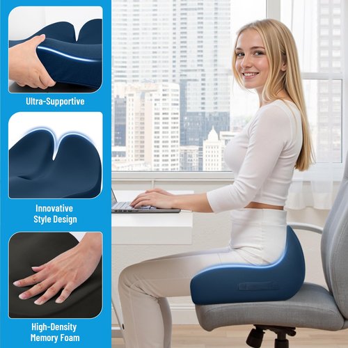 Cushzone Seat Cushion, Memory Foam Office Chair Cushions, Ergonomic Curved Design for Sciatica, Tailbone, Coccyx, Seat Support for Car, Desk Chair, Wheelchair, Enhances Long Sitting Comfort (Blue)