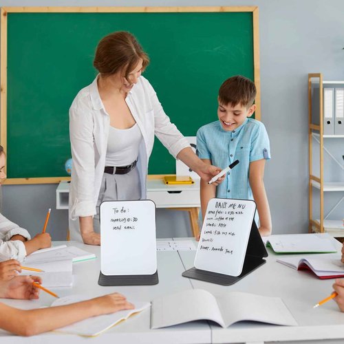 Dunzoom 4 Pcs Small Glass Desktop Whiteboard with Reversable Stand 8‘' x 6‘' Tabletop Mini Dry Erase Whiteboard Easel with 4 Markers Reusable Desk Notepad for Home Office School