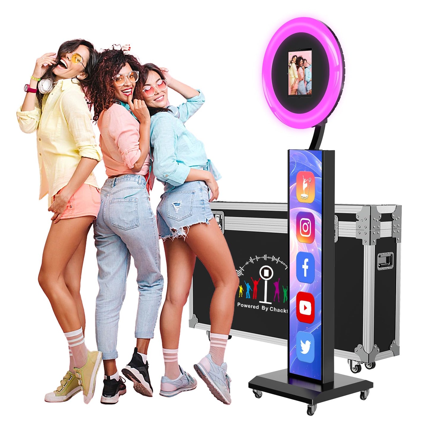 JIYANG Portable Photo Booth Compatible with Any Ipad,Photo Booth Stand Shell with ChackTok PhotoBooth VIP Member and Flight Case,Free Custom Logo,Perfect for Parties,Wedding and Events(Black)