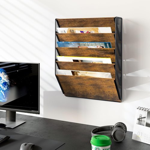 PAG Wall File Organizer for Office, 5-Tier Rustic Hanging File holder Wall Storage Rack for Documents/Magazine/Literature/File Folders/Mails/Envelopes, Brown
