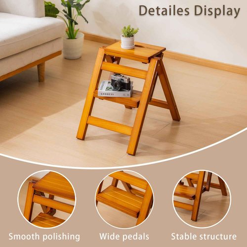 SOBIBO Wooden Step Stool, Foldable 2 Step Ladder, Solid Wood Ladder Stool for for Home, Kitchen & Garden Walnut
