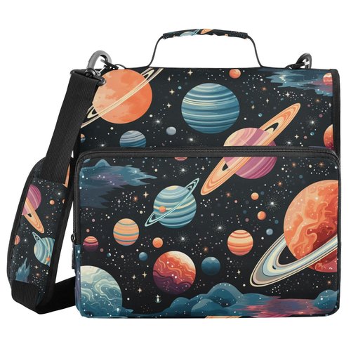 ARGTILDN Space Planet Astronomy 3 Ring Zipper Binder with Handle 1.5 inch Binder Organizer, Multi Pockets Office File Folder with Shoulder Strap 500 Sheet Capacity