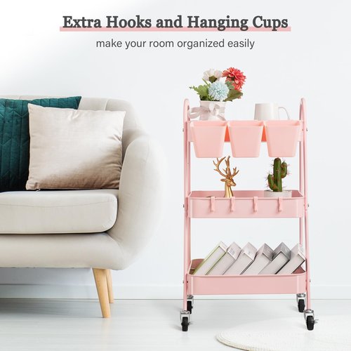 Danpinera 3-Tier Rolling Cart, Metal Storage Cart with Lockable Wheels, Hanging Cups & Hooks, Mobile Trolley for Kitchen, Bathroom, Office, Workshop, Pink