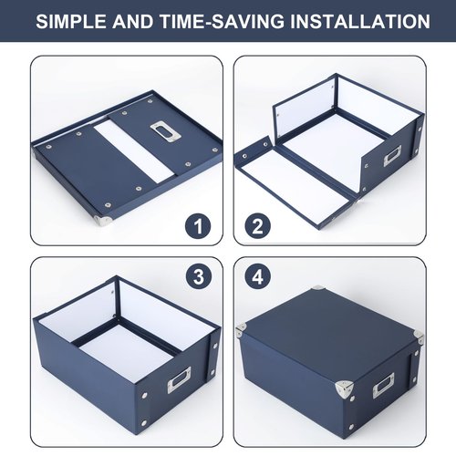 DLUGOPIS 2 Pcs Inch Checks Storage Box with Lid Document Boxes Document Bin Banker Boxes Foldable Receipt Box Storage Navy Blue Cardboard Record Boxes For Business Pesonal Books Files 12"x10"x5"