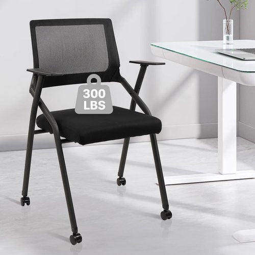 CLATINA Stackable Foldable Conference Room Chairs with Wheels, Portable Padded Office Desk Chair with Lumbar Support and Armrest for Training Room, Guest, Reception, Event, Black (1pk)