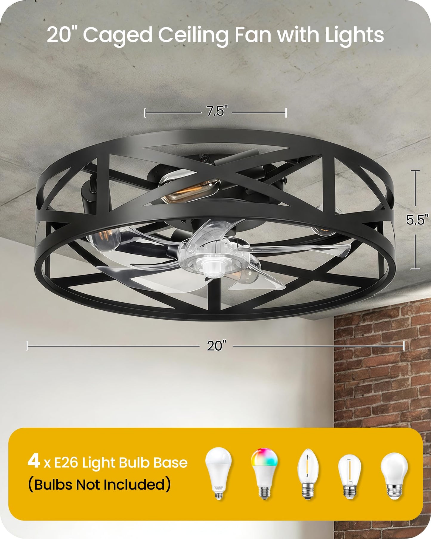 20" Farmhouse Flush Mount Ceiling Fan with Lights and Remote, Low Profile Caged Ceiling Fan Fandelier, 6 Speeds, Timer, Reversible DC Motor, Bladeless Ceiling Fan for Bedroom, Kitchen, Black B02CF05