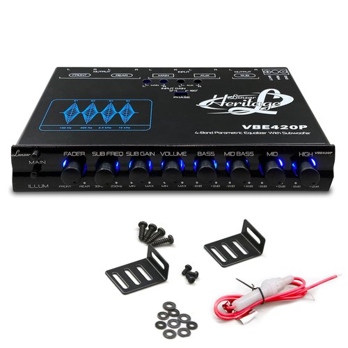 Lanzar 4 Band Stereo Equalizer - Half Din Car Equalizer with Subwoofer Gain Control, RCA Inputs, Pre-Amp Outputs, Rotary Fader, AUX Input Selector, Blue Light for Car or Home Audio Systems