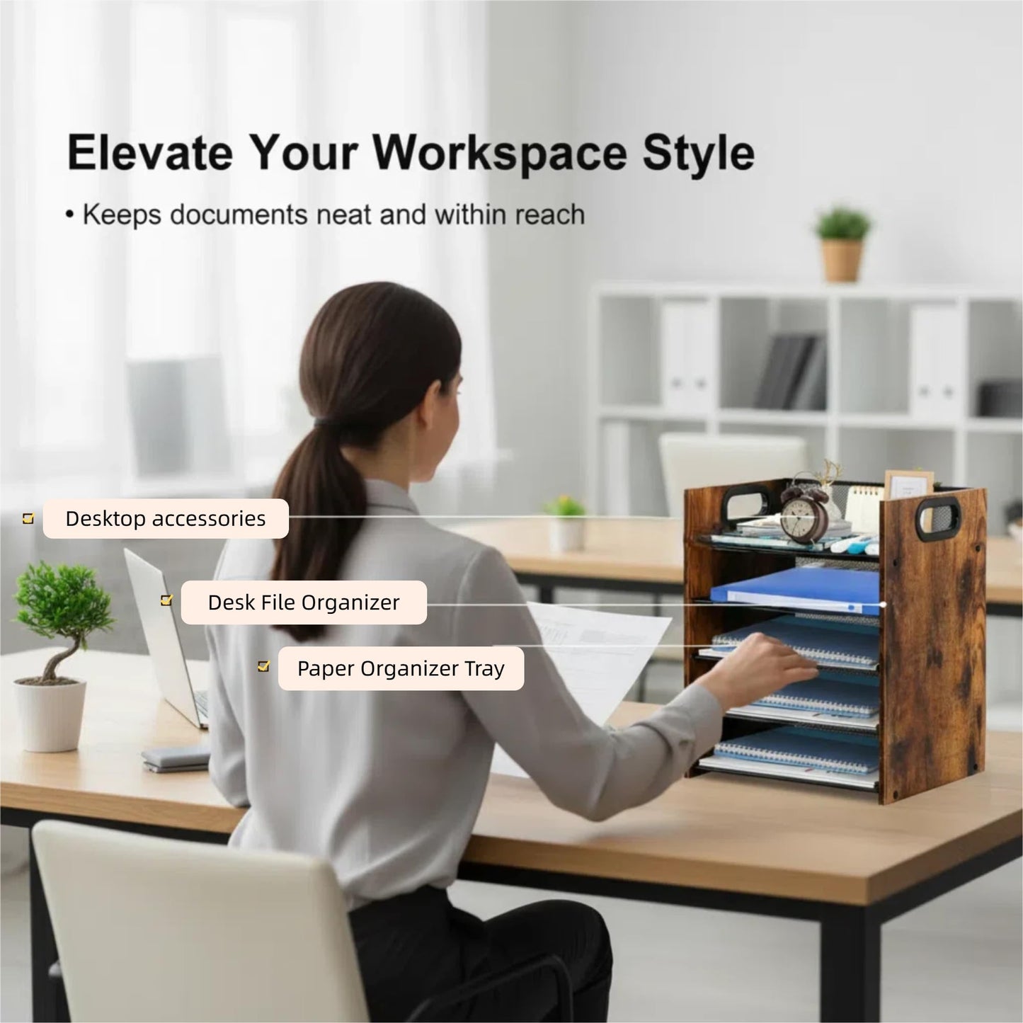Boershun Desk Organizer - 5-Tier Desktop File Organizer, Wooden Paper Tray Organizer, Office Desk Organzier and Accessories for Papers, Mail, Notebooks, Stationery