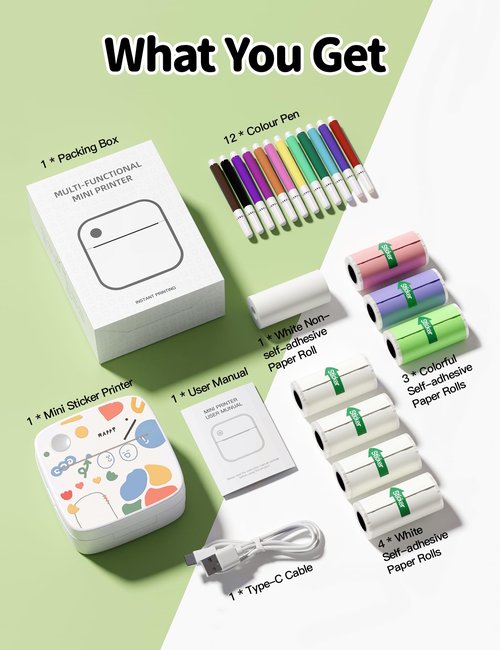 Sticker Printer Print Pod, Mini Portable Printers with 8 Rolls Paper, Inkless Sticker Maker Bluetooth Pocket Printer for Organization,DIY,Crafts,Journal,Study,Work,Label Compatible Phone&Tablet White