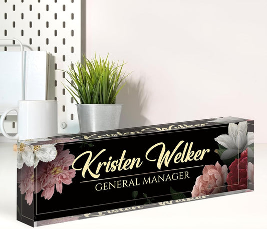Skiennix Personalized Desk Name Plate - Elegant Acrylic Office Decor for Professionals | Black Floral Design