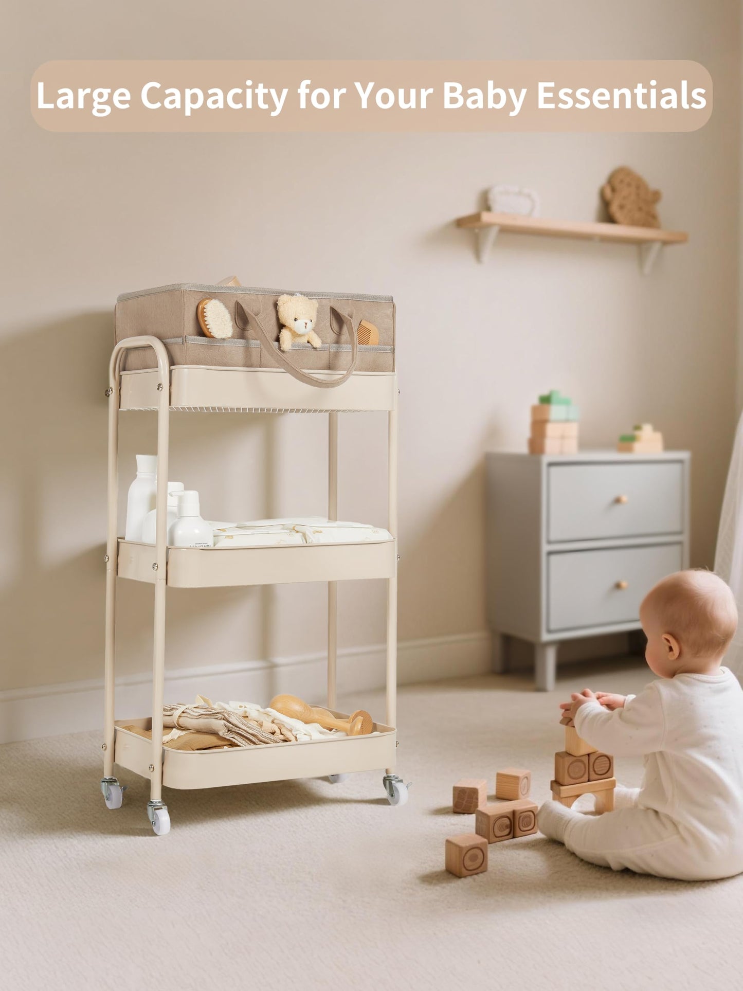 Fortella Baby Diaper Caddy, 3 Tier Rolling Storage Cart for Baby Essentials, Diaper Cart with Detachable Dividers, Storage & Baby Bottle Organizer, Nursery Dresser for Bedroom, Living Room (Taupe)