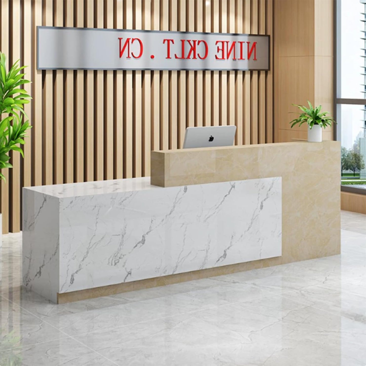 Skiennix Wood Reception Desk - Modern L-Shaped Marble Stone Checkout Counter with Storage Drawers for Salon & Retail