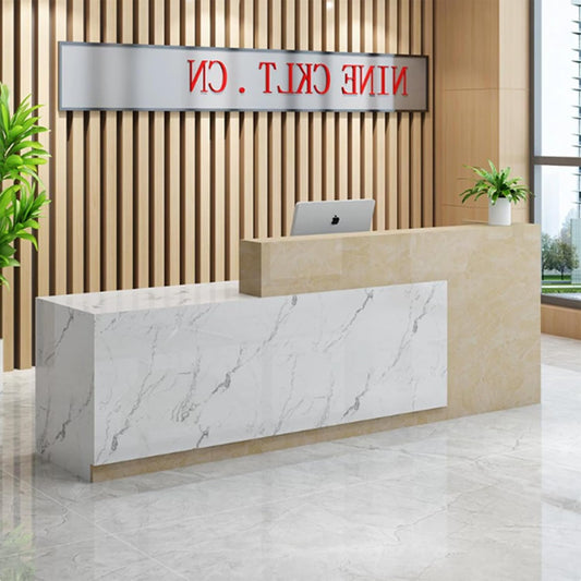 Skiennix Wood Reception Desk - Modern L-Shaped Marble Stone Checkout Counter with Storage Drawers for Salon & Retail