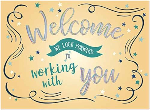 25 Employee Welcome Cards - Fun Typographic Design with Silver Holographic Foil Embossing - 26 White Envelopes - FSC Mix
