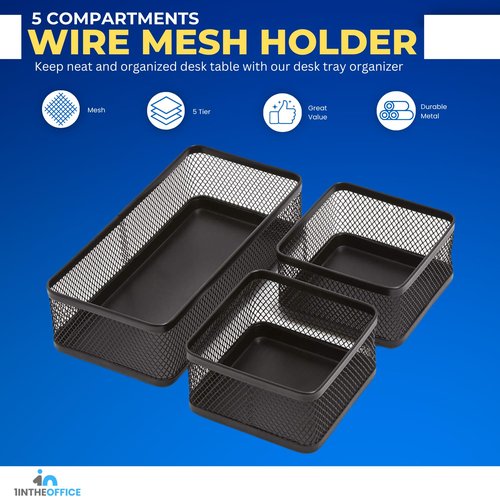 1InTheOffice Mesh Collection Desk Drawer Organizer Tray 3 Compartment - Stackable, Matte Black