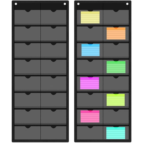 AmazingSpark 2 Pack 2 Pack 3'' x 5'' Index Card Holder Sleeve 16 Slot Plastic Organizer Hanging Wall Mount Business Note Cardholder PVC Clear Organizer Pocket for Classroom Office Library Home (black)