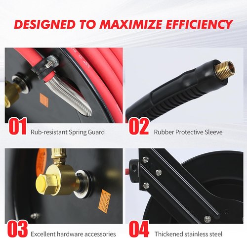MaxWorks 50-Foot Retractable Air Hose Reel - 3/8" Heavy-Duty Rubber Hose, 250 PSI, Brass Fittings | Ideal for Garage & Workshop