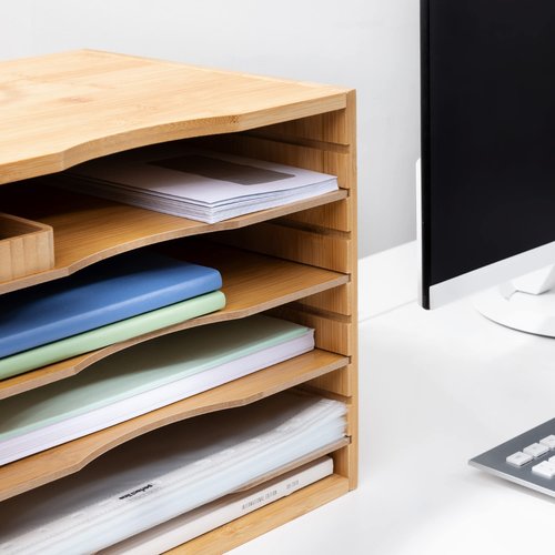 Navaris Bamboo Desk File Organizer - Paper Tray Letter Storage with 4 Adjustable Shelves - Desktop Inbox Trays - 13" Wide x 9.6" Deep x 10.2" High
