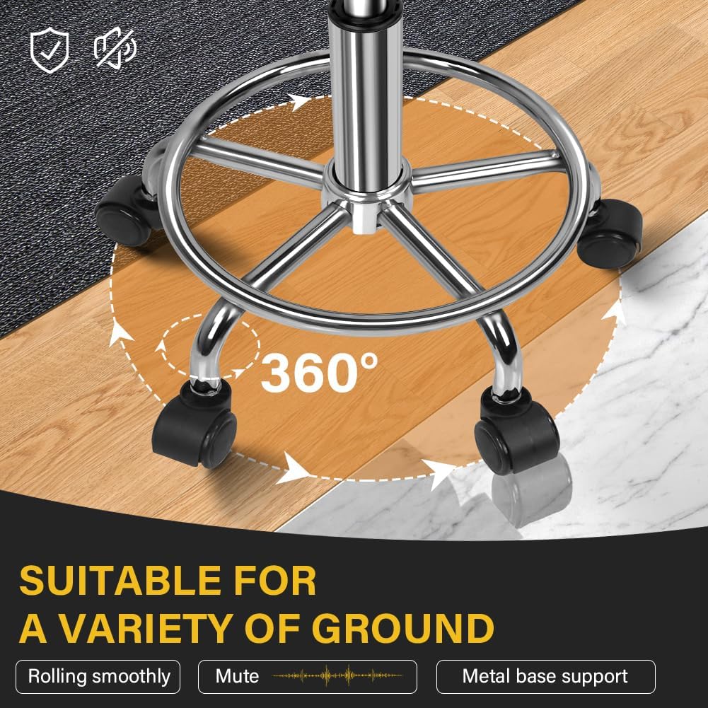 WKWKER Round Rolling Stool - Height Adjustable PU Leather 360° Swivel Chair | Grey with Footrest