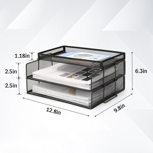 Paper Organizer for Desk, 2 Tiers Stackable Paper Tray Organizer for Desk, Standing Papers File, Black Mesh/Office File Collation