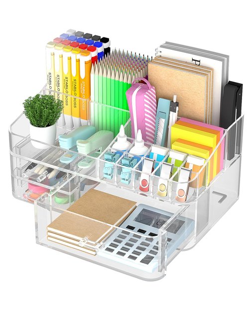 HEMTROY Acrylic Desk Organizer with 3 Drawer, Office Organizer, Multi-Functional Desk Caddy, Large Desktop Storage Box for Home, Cabinet, Bathroom, Office Art Supplies(Clear)