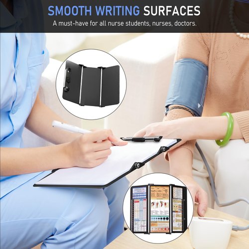 Nursing Clipboard Foldable, Foldable Clip Board w/Nursing Edition Cheat Charts, 3 Layers Aluminum, Nurse Clipboards w/Low Profile Clip & Pen Clip Pocket for Students, Nurses and Doctors, Black