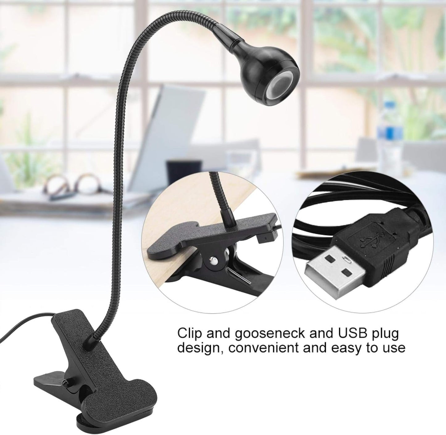 Skiennix USB LED Gooseneck Table Light - Eye-Caring Headboard Lamp for Home Study | Black Warm, Clip-On Design