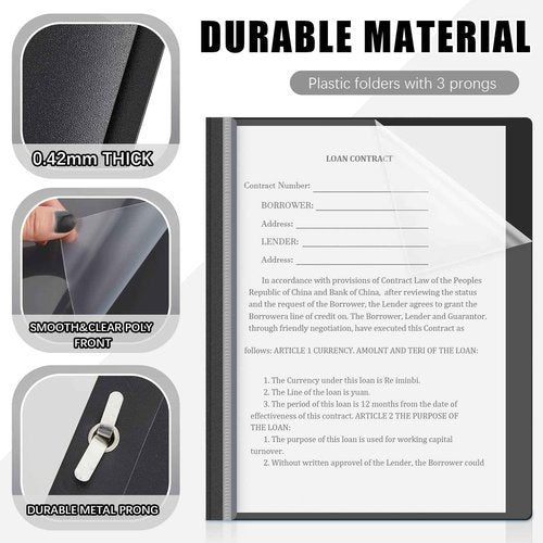 Teling 48 Pcs Clear Front Report Covers with Prongs Plastic Presentation Folders 3 Prong Resume Portfolio Folder for School(Black)