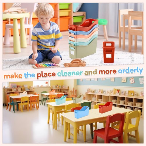 6 Pack Plastic Book Bins for Classroom with Labels 11.8×3.5×7.1 in Boho Magazine File Binder Holder Organizer Basket Storage Box for Library Home Office Teacher Supplies School Classroom