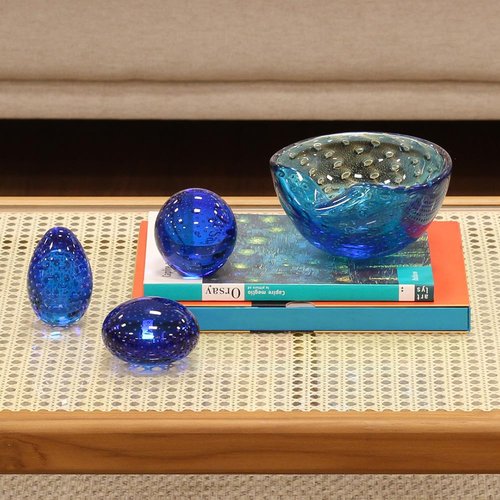 Ca D Oro Set of 3 Small Glass Paperweights Blue with Bubbles Hand Blown Murano-Style Art Glass - Models Flat/Ball/Egg