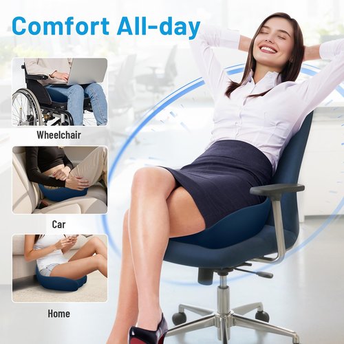 Cushzone Seat Cushion, Memory Foam Office Chair Cushions, Ergonomic Curved Design for Sciatica, Tailbone, Coccyx, Seat Support for Car, Desk Chair, Wheelchair, Enhances Long Sitting Comfort (Blue)