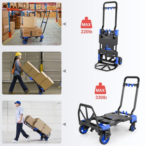 330LB Folding Hand Truck Moving Dolly, Hand Trucks Heavy Duty Combination of 4 Wheels and 2 Wheels Convertible Dolly Cart with Retractable Handle Dolly for Moving Office Carts(Blue)