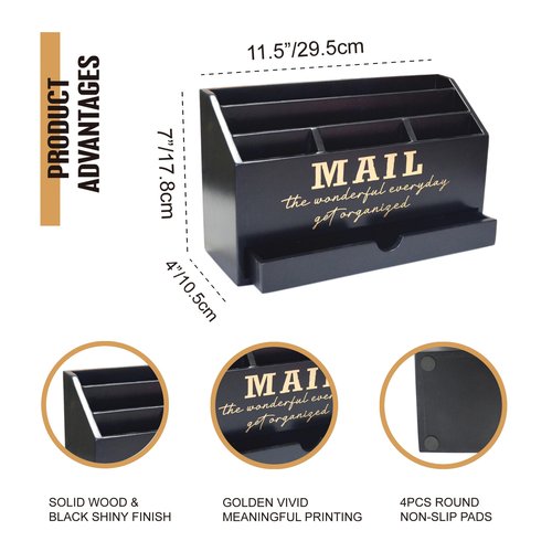 EXQUIDECA Wooden Black Rustic Countertop Mail Storage Holder with Drawer and Compartments - Office Desk Accessories and Workspace Organizers - Desktop Sorter for Pen Stationery Letter Files Documents