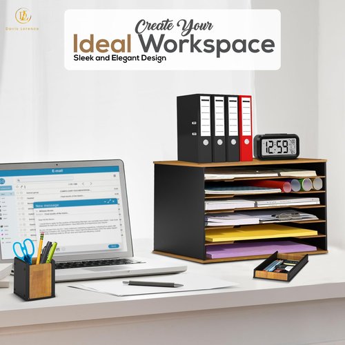 Ultimate Wooden Paper Organizer 20.25"W x 12.25"H x 13.25"D, 6-Tier Storage for 12"x18" & 11"x17" Sheets, Includes Matching Pen Holder & Tray, Ideal for Office, Home, Art Room and Classroom