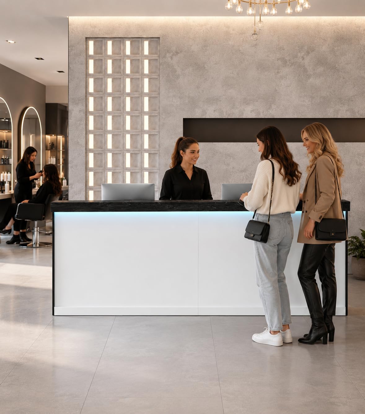 Anzhap 71" Reception Desk with LED Lights & Keyboard Tray, Front Desk Reception Counter with Lockable Drawer, Enclosed Cabinet & Cable Grommet for Office, Salon, Clinic, Lobby (Black Grain & White)