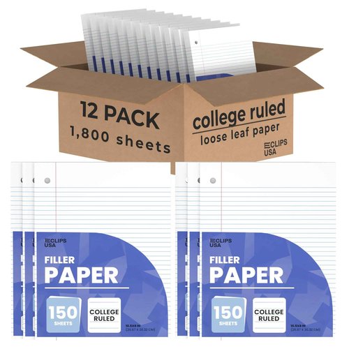 VEEBOOST Notebook Paper, Loose Leaf College Ruled 10.5'' x 8'', Filler 56 gsm, 150 Sheets Per Pack, 1800 (12 Pack)