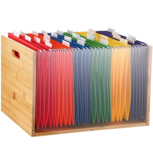 Chiisong Clear Acrylic File Box Hanging File Organizer with 30 Pcs Hanging File Folders Bamboo Hanging Folder Storage Filing Crate Bin Holder with Handle for Home Office Desk Letter Size