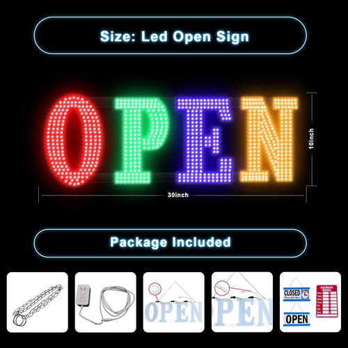 Open Sign Led 30'' x 10" with Hanging Installation,Ultra Bright Large Open Closed Signs Light Up Sign for Bar Store Restaurant Office Hotel Salon Red&Green&Blue&Yellow