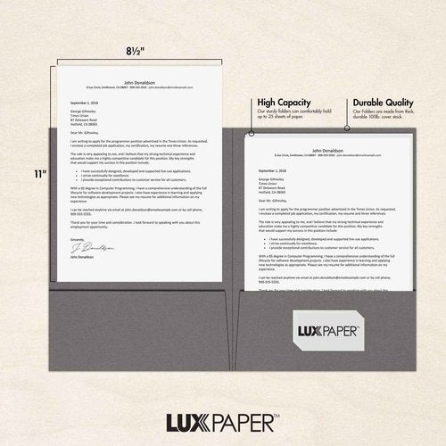 LUXPaper 9" x 12" Presentation Folders | Two Pocket | Smoke Gray | 100lb. Cover | 25 Qty