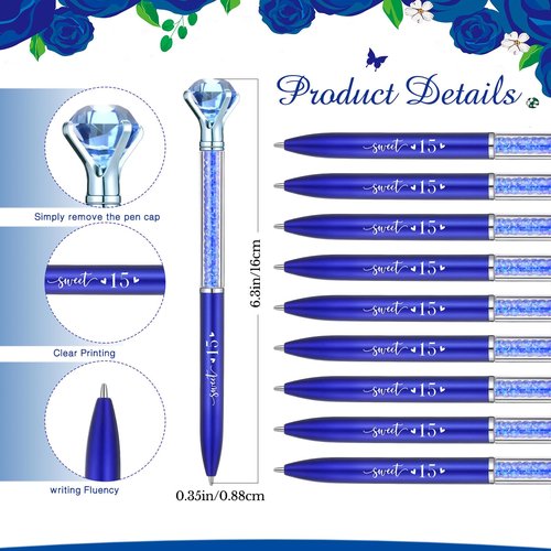 Sayglossy 50 Sets Quinceanera Party Favors Sweet 15th Thank You Gifts Big Crystal Diamond Pens with Thank You Cards Retractable Ballpoint Bling Pens 15 Birthday Mis Quince Gifts for Guests(Navy Blue)