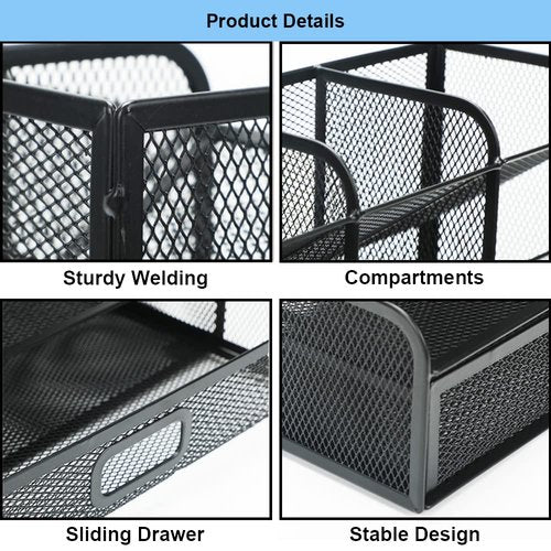 AUSTARK Desk Organizer with Drawer, Desktop Stationery Organizer, Pen Holder for Desk, Mesh Metal Desk Accessories Workspace Organizers for Art Supplies Office School Home (Black)
