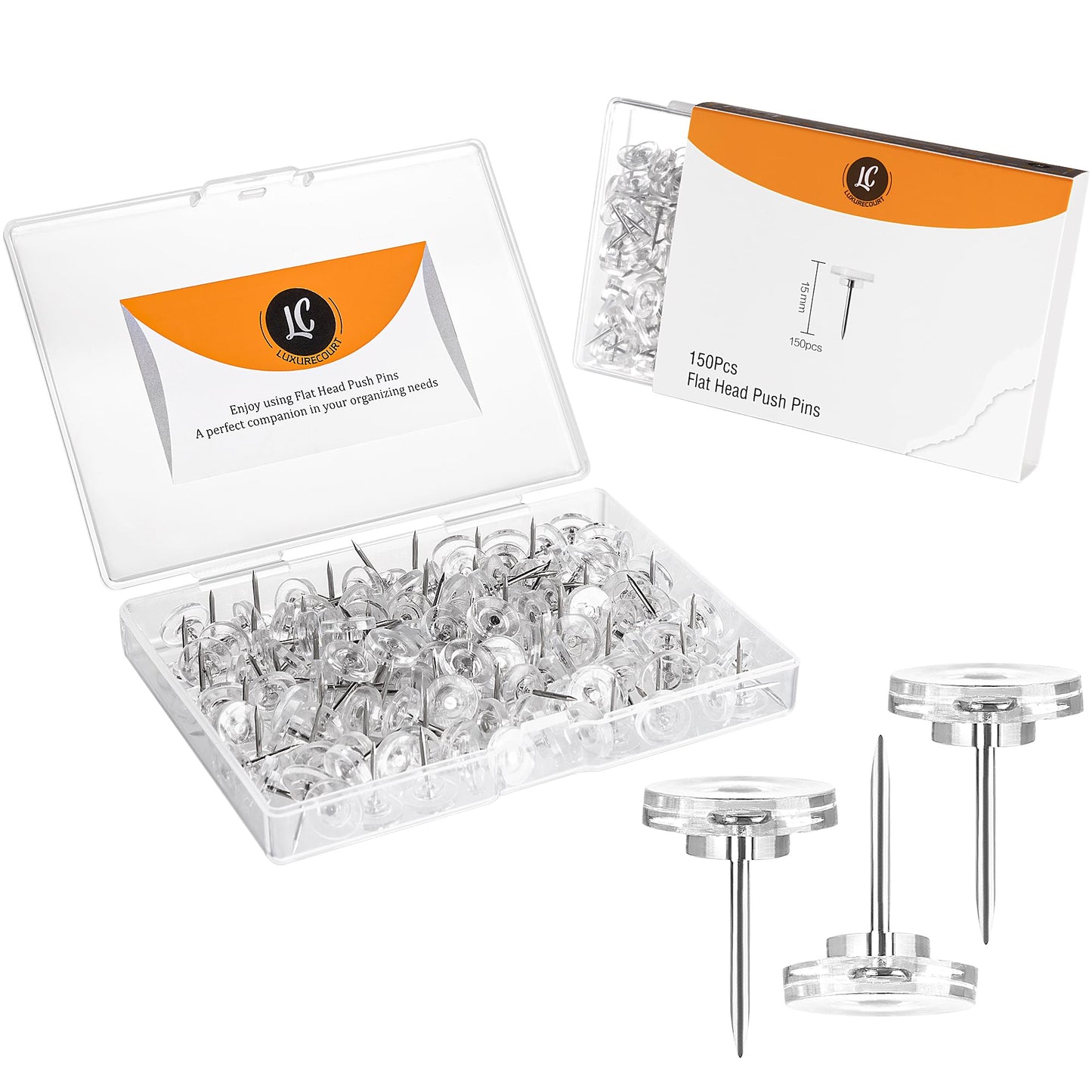 150 Pack Clear Push Pins Thumb Tacks by Luxurecourt, Flat Head Thumbtacks for Bulletin Board, Wall Hanging, Cork Board, Shadow Box, Heavy Duty Plastic Head with Steel Point in Reusable Storage Box.