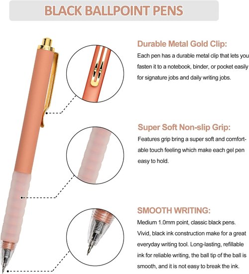 Linbsunne Ballpoint Pens - Medium Point 1mm Black Ink with Super Soft Grip | 6 Count Gold Clip Office Pens for Men & Women