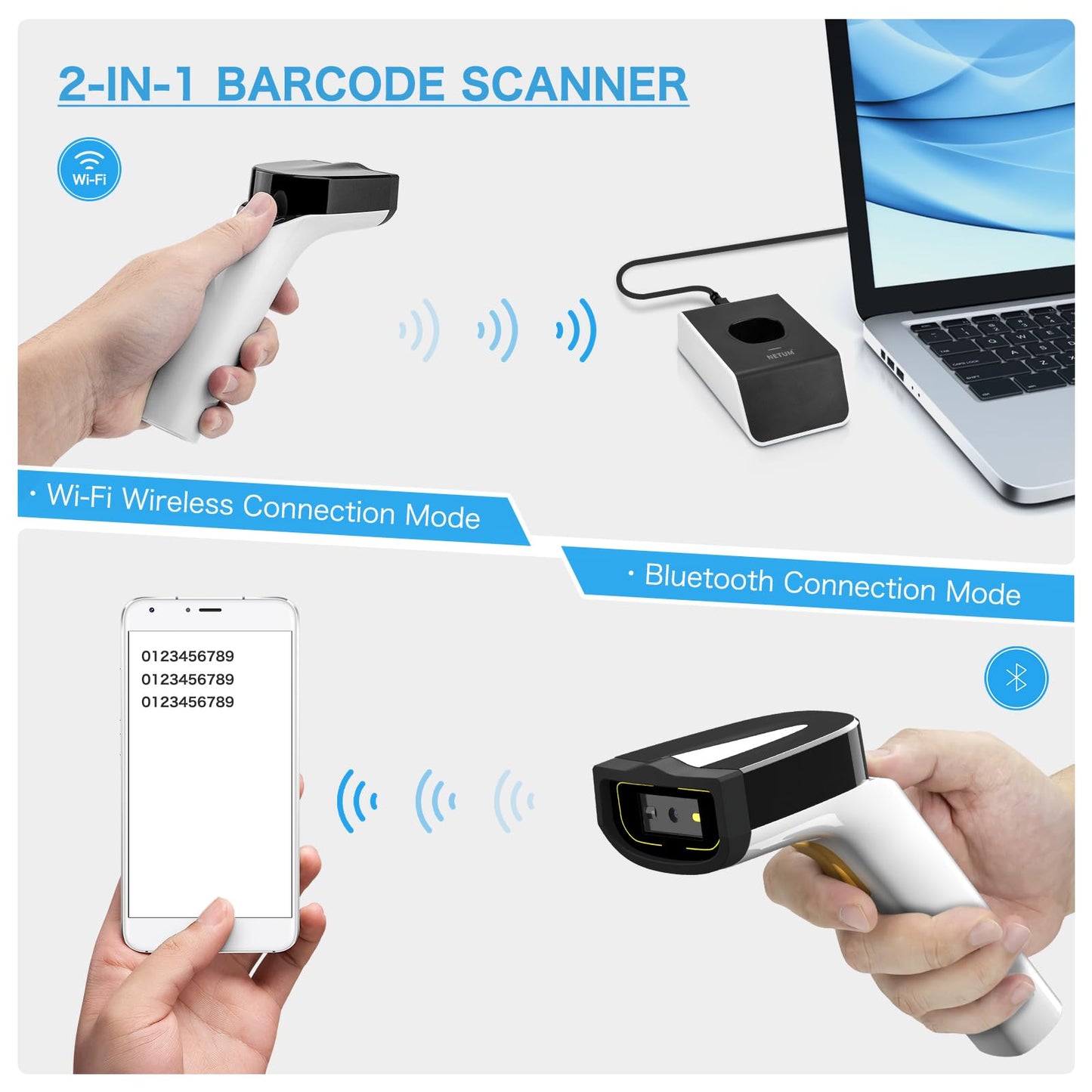 NETUM Wireless Wi-Fi 2D Barcode Scanner Connect with TCP UDP Network Protocols, Hands Free Automatic Sensing Bar Code Reader 1D 2D QR pdf417 Scan Gun Suitable for Inventory, POS Industry - DS2800