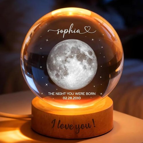 Personalized Moon Phase 3D Crystal Ball - Custom LED Night Light for Birthdays | Unique Gift for Friends & Family