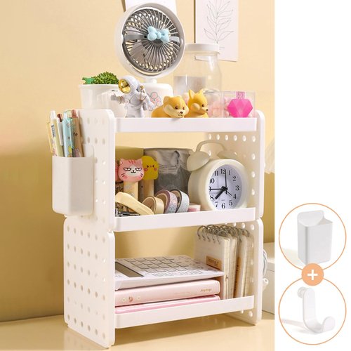 Lae Nuvole Desktop Organizer Shelf Stationery Organizer with Pen Holder Office Desk Pegboard Shelf Plastic Combinable Organization and Storage for Desk, Office, Countertop, Dorm (White, 3 Tier)