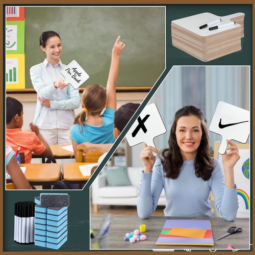 32 Pack Dry Erase Words 8"x10" Double Sided White Boards Plastic Handheld Paddles with Whiteboard Pens Erasers for Students Classroom Voting Bidding Answering(Square)